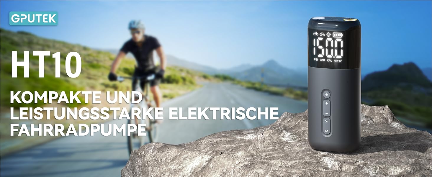 Електрична велосипедна помпа HT10, 150 PSI, акумуляторна, з цифровим манометром, Presta/Schrader, для шосе, MTB, E-bike, city bike