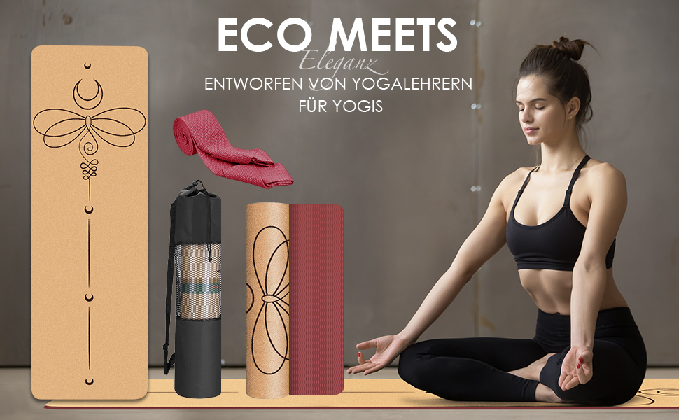 Килимок для йоги з корку Rutschfeste Yoga Matte – Нековзний, з унікальним дизайном, з натурального каучуку TPE, для занять вдома, пілатесу, аеробіки, фітнес-студії та тренувань. Колір: бірюзовий, дизайн: Мандала (Бордо-Калібра)