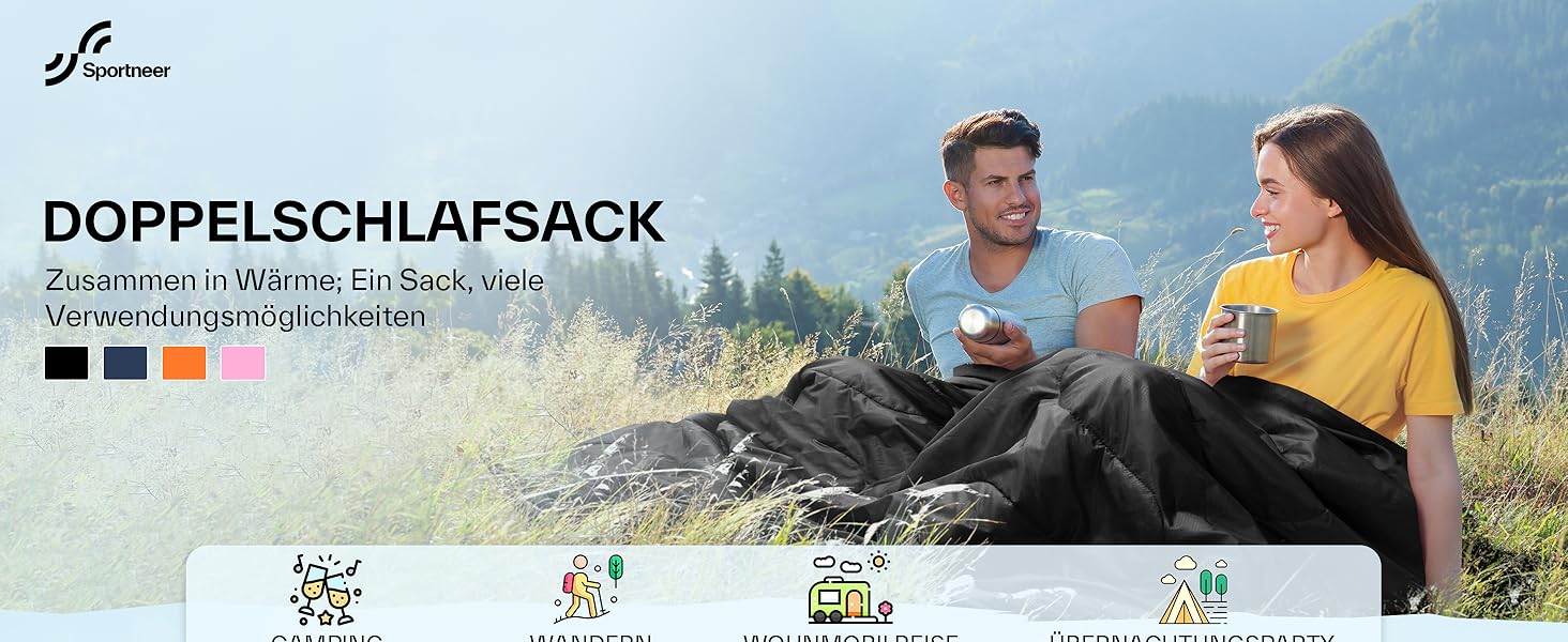 Сплячий мішок Outdoor Sportneer для 2 осіб: двомісний спальний мішок на 3 сезони, 220x150 см, 2.75 кг з 2 подушками, для дорослих, оранжевий (без фланелевої підкладки)