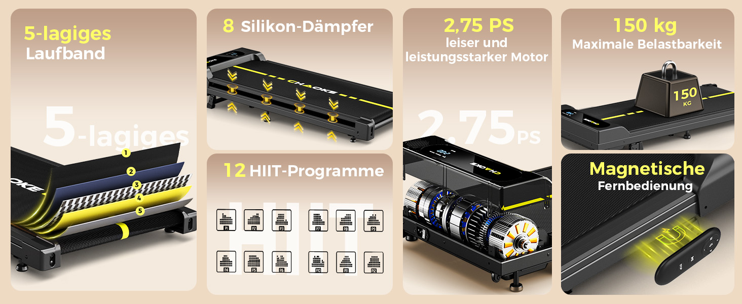 Walking Pad CHAOKE: біговий доріжка для дому з регулюванням швидкості 1-10 км/год, нахилом 9%, потужністю 2.75HP, вбудованими колонками та керуванням через додаток, до 160 кг, чорно-жовта, без встановлення, 2026