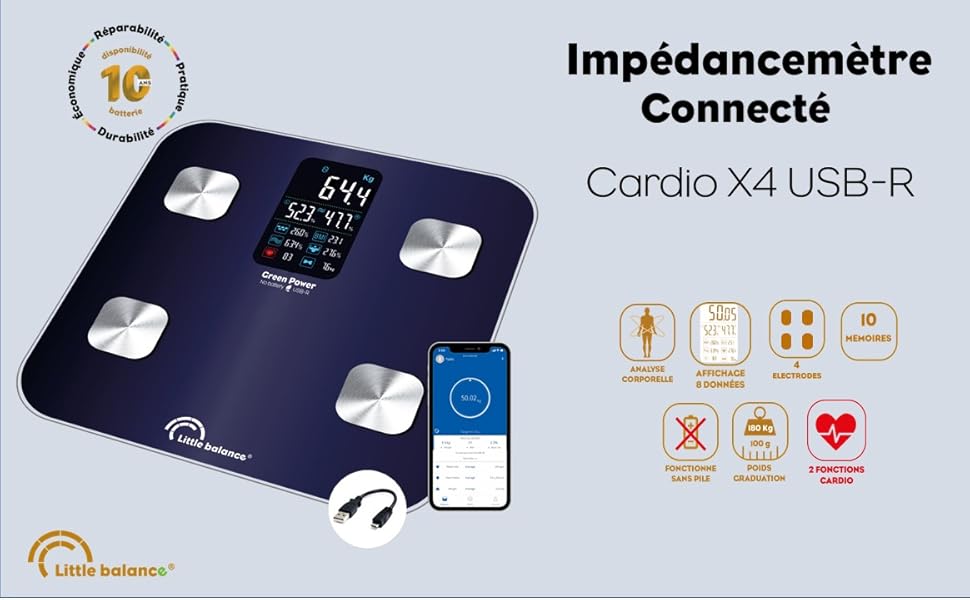 Ваги-аналізатор тіла LITTLE BALANCE 8661 Cardio X4 USB-R, нічний синій, до 180 кг, розумні, з USB зарядкою, перезаряджувані, без батарейок, ремонтопридатні