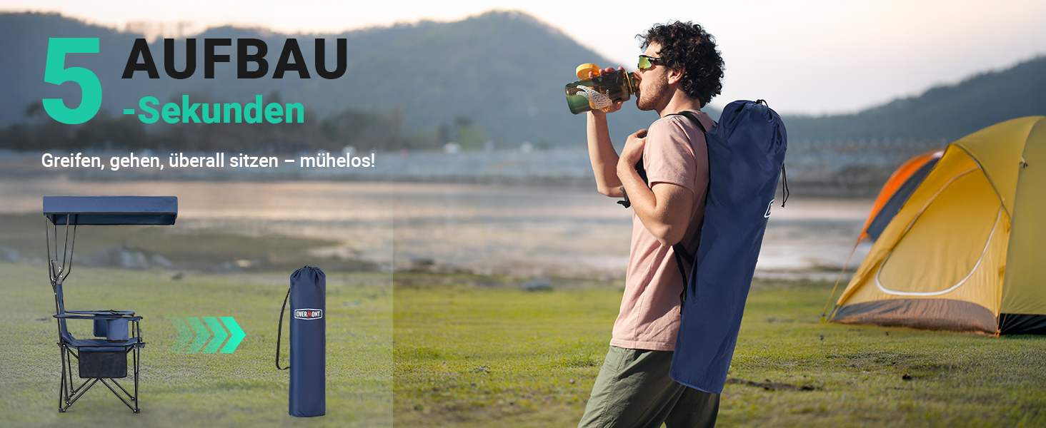 Крісло для кемпінгу OVERMONT складне з сонцезахисним дахом - пляжне крісло, складне з тримачем для напоїв та сумкою-холодильником - шезлонг з дахом для відпочинку на природі, риболовлі, саду (Blaugrau)