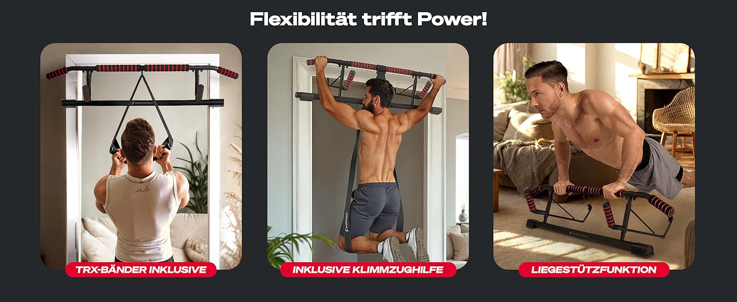 Sportstech Pullmate: турнік для підтягувань для дому, кріплення на дверний отвір без свердління, регульований, з неслизькими ручками, з аксесуарами для підтягувань та тренажером для петлі, витримує до 200 кг, калістеніка