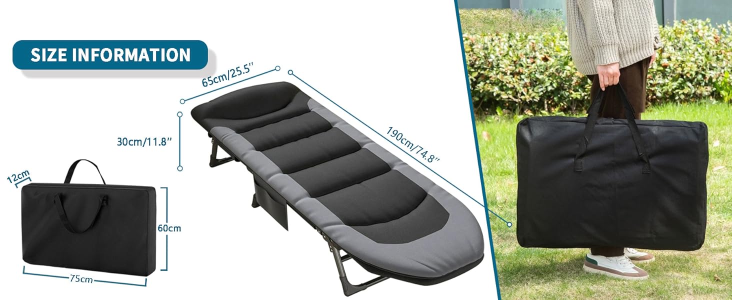 Розкладне ліжко для кемпінгу T-ZBDZ XXL (190x65x30 см) - міцне, широке, 6 положень спинки, для відпочинку на природі та вдома