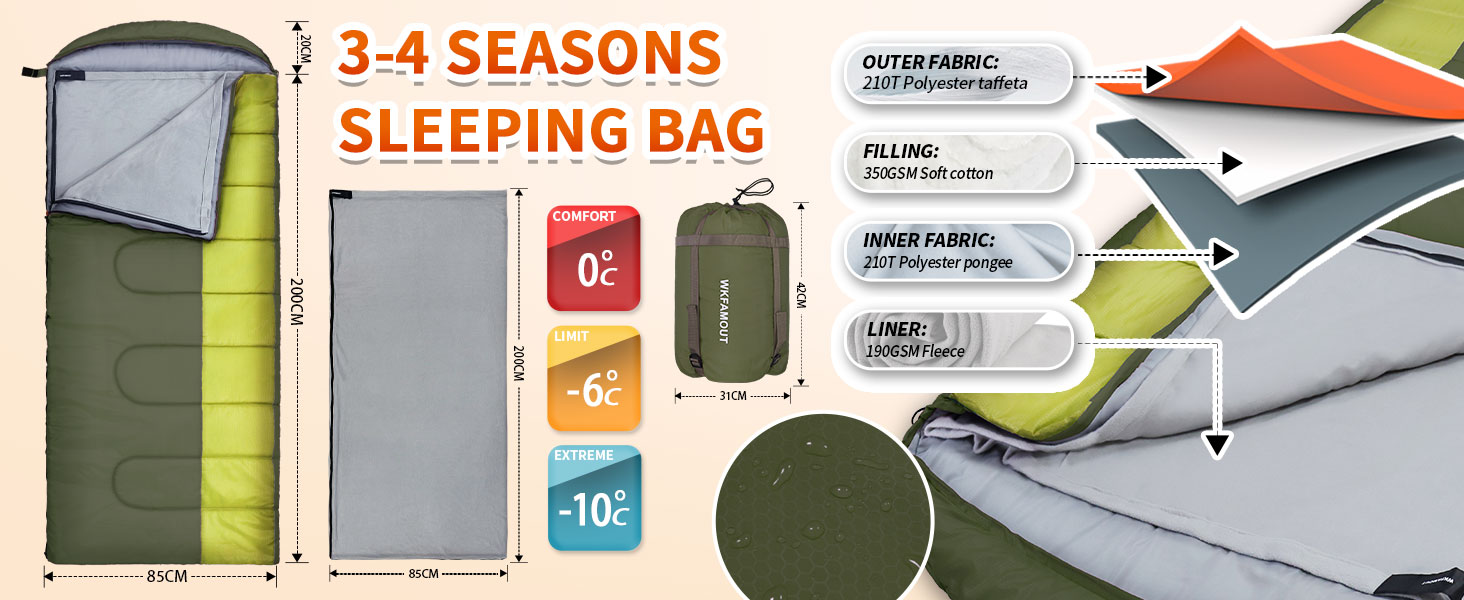 Спальний мішок Outdoor для дорослих, машинного прання, зимовий, водонепроникний, 3-4 сезони, з компресійним мішком, для кемпінгу, походів, подорожей, 0°C-Комфорт, Чорний (Оливковий), 220x85CM-L