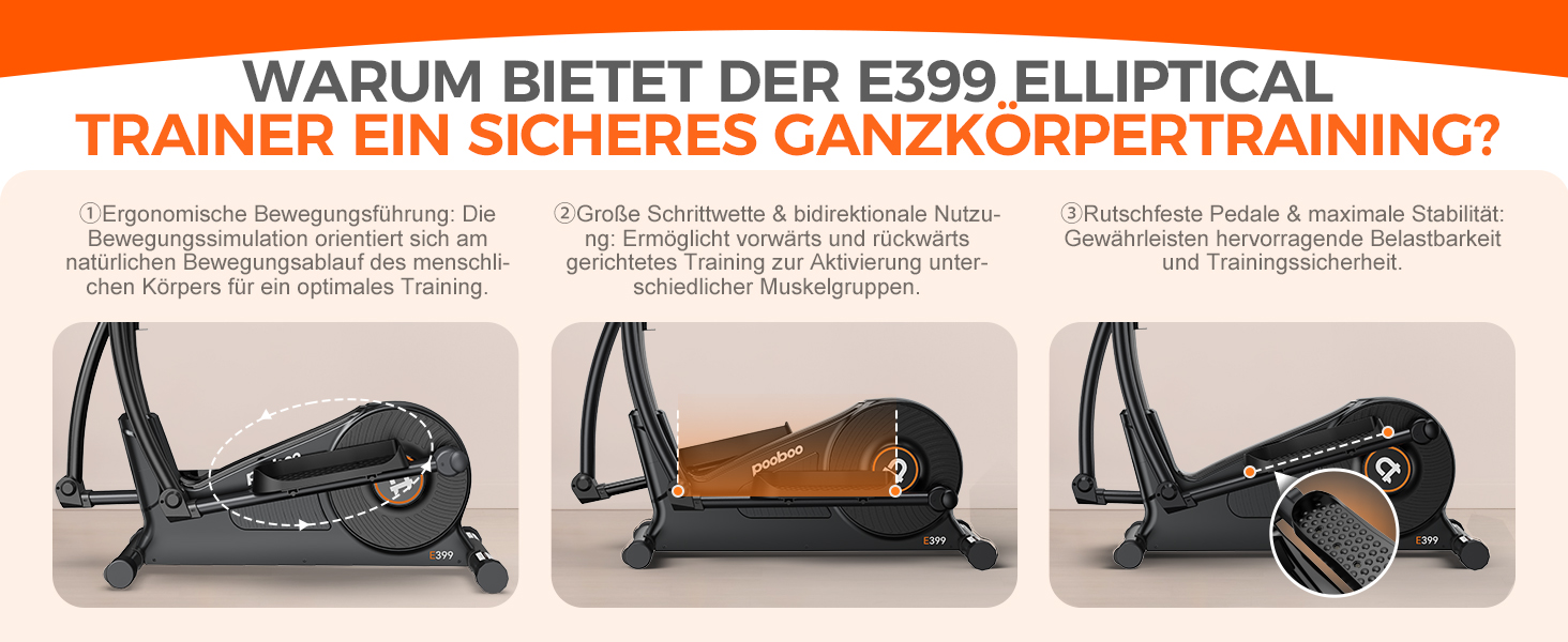 Еліптичний тренажер Pooboo 07-Basic Black з магнітною системою, LCD-монітором та кроком 15,5 дюймів. Витримує вагу до 158 кг, 16 рівнів навантаження.