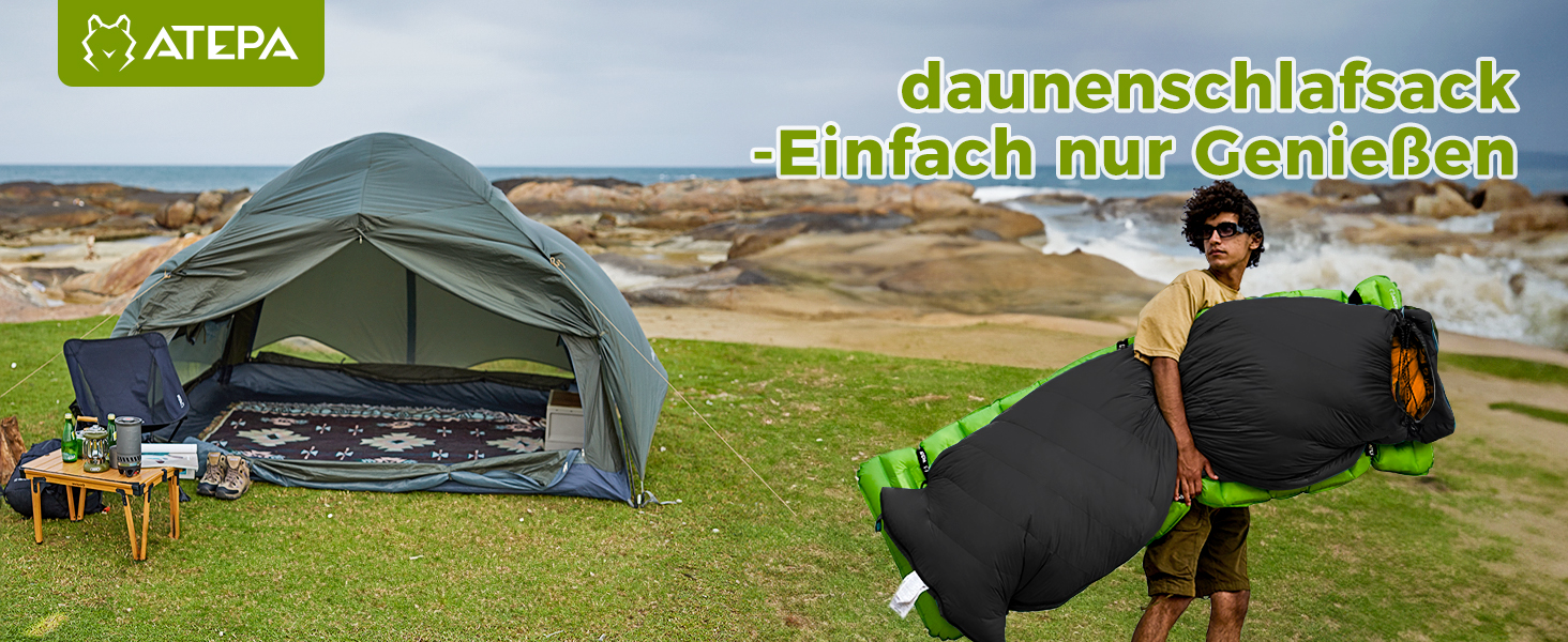 Спальний мішок ATEPA Ultraleicht Daune 650/700FP, 3-сезонний (12°C / 6°C / -1°C), легкий та компактний, водовідштовхувальний, для кемпінгу, походів, трекінгу та рюкзакових подорожей, з компресійним мішком. Комфортна температура 12°C, межа допустимої температури 7°C - Чорний (ThermaPlus Max, комфортна температура 7°C, межа допустимої температури 2°C - Чорний)