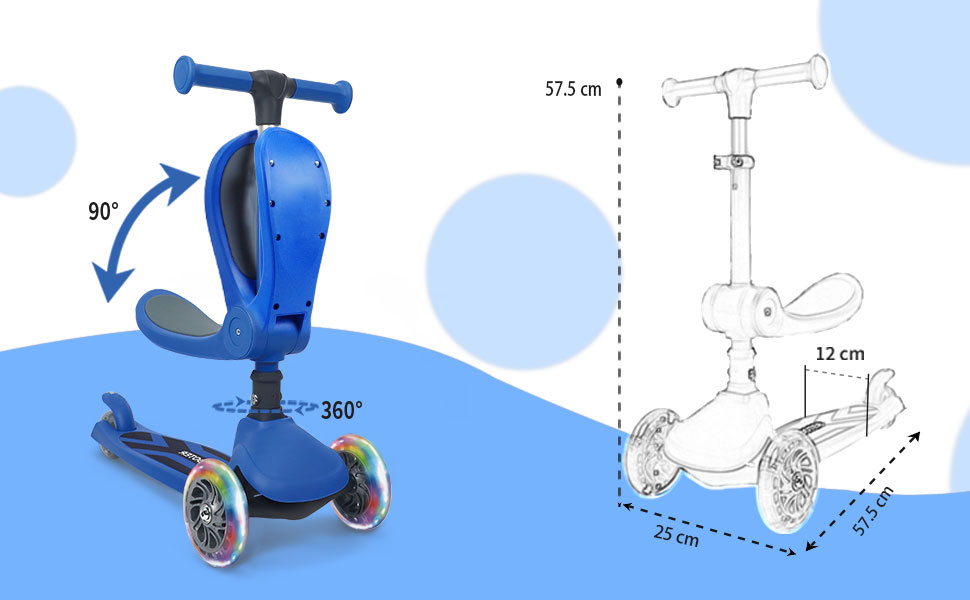 Дитячий самокат-триколісник 2 в 1 Stompa Roller для дітей від 2 років (до 50 кг), з LED-колесами, складаним сидінням та регулюванням висоти, синій