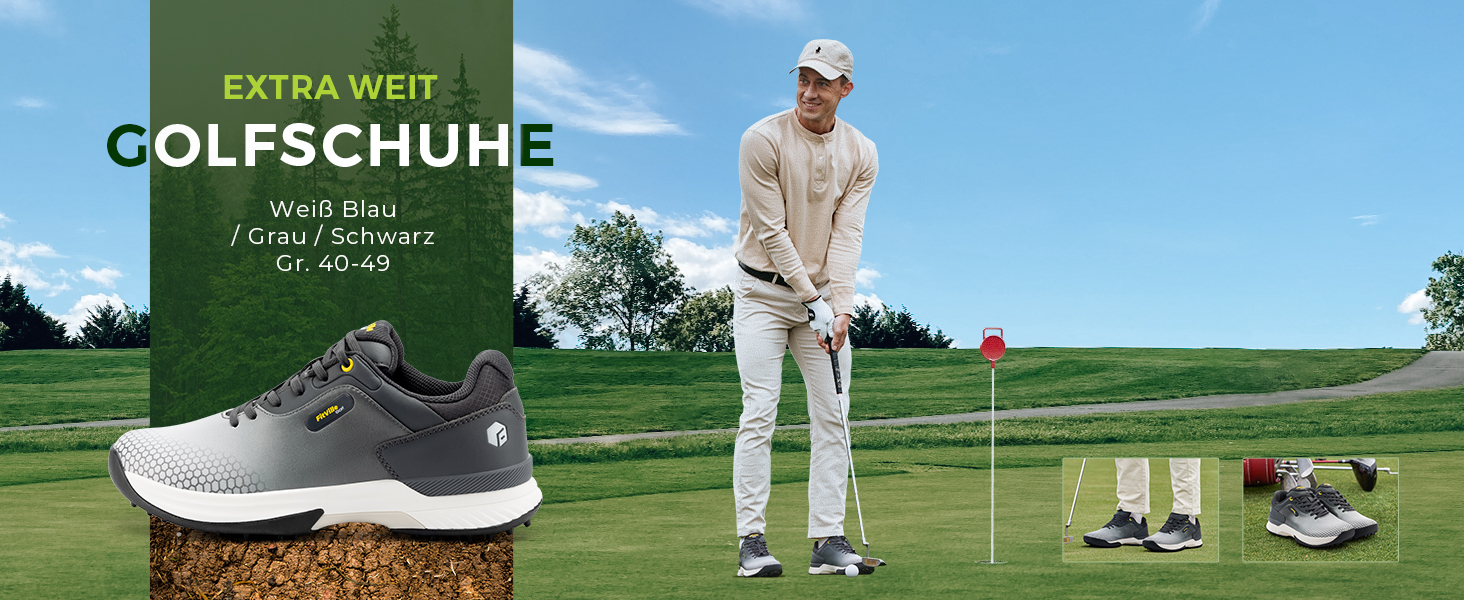 Гольф-взуття FitVille для чоловіків, широка модель, сіро-біле, розмір 40-49, X-широке, дихаюче, на шнурівці