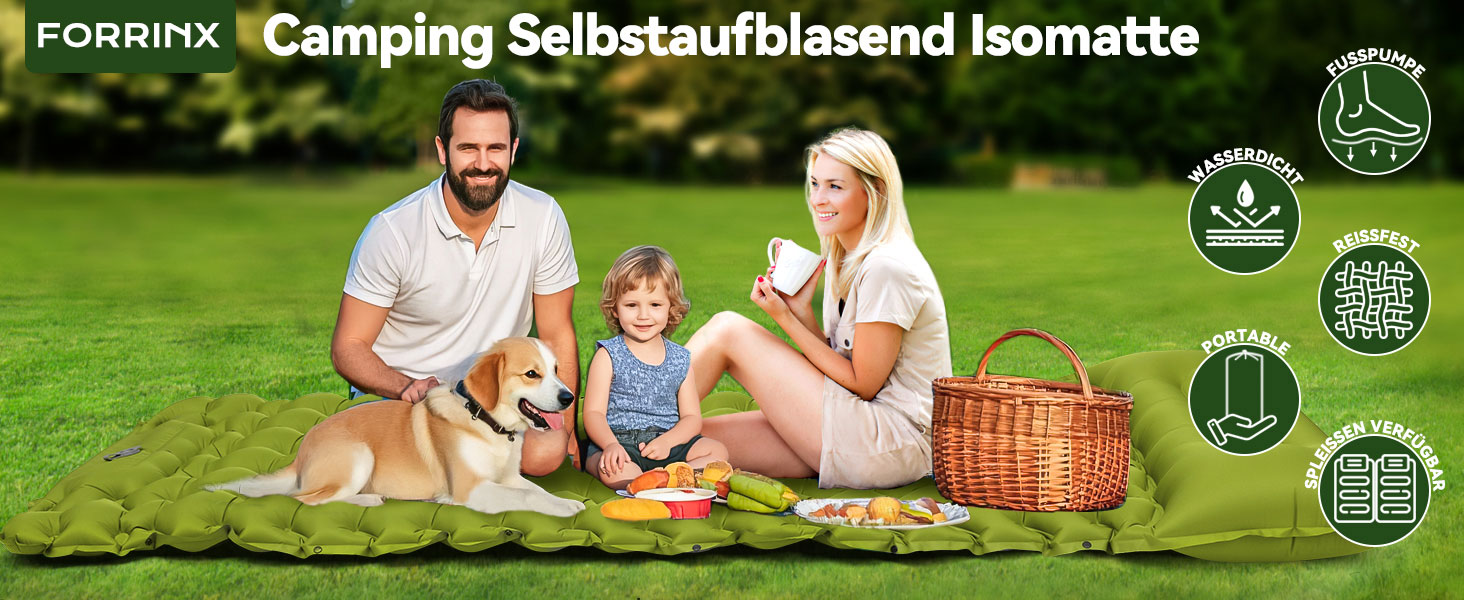 Надувна туристична матрац FORRINX Isomatte 200x68 см, самонадувна, легка, з подушкою, водонепроникна, для кемпінгу, відпочинку на природі, пікніків, туризму, відпочинку на пляжі, оливковий колір, односпальна