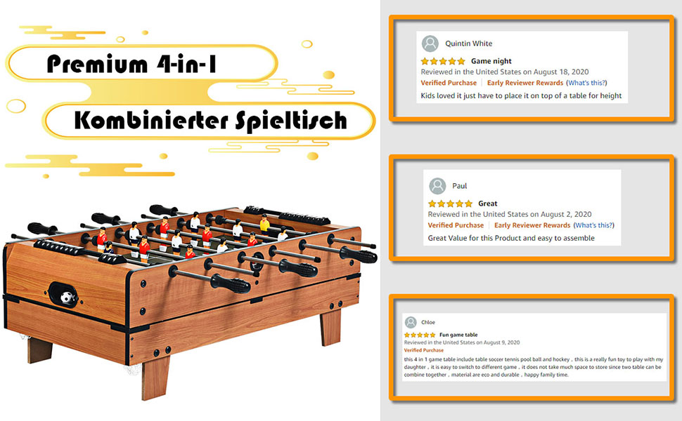 COSTWAY 4-в-1 ігровий стіл: пінг-понг, хокей, футбол, більярд, дерев'яний, для дітей та дорослих