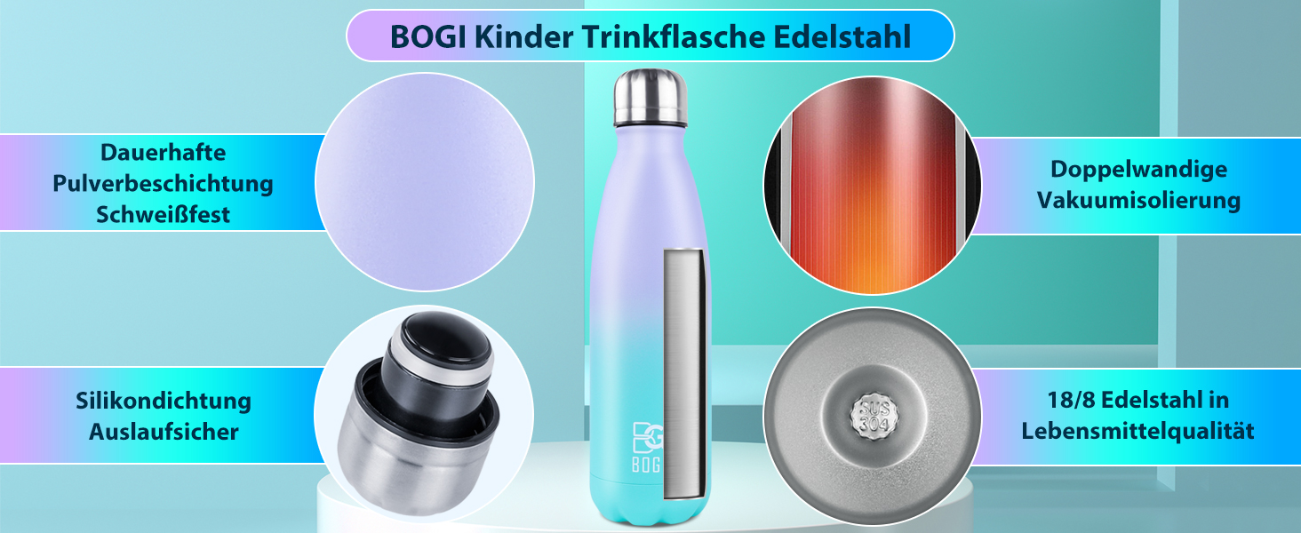 BOGI Ізольована пляшка для води, металева, не протікає, з нержавіючої сталі, 750 мл, з щіткою для чищення, для дівчаток та хлопчиків