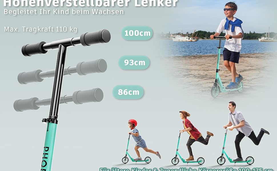 Дитячий трюковий самокат PHOEROS для дітей, підлітків та дорослих. Легкий міський самокат з алюмінію з великими колесами 200 мм, складний, 3-рівнева регулювання висоти, амортизація.