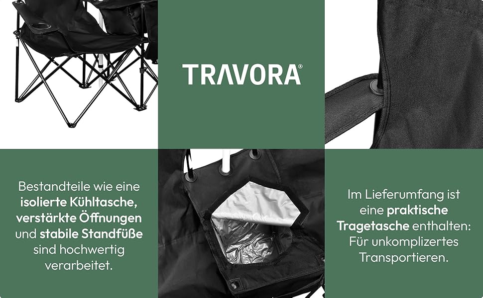 Кемпінговий стілець TRAVORA 2 шт. з сонцезахистом та кишенею для охолодження - складний двомісний стілець для відпочинку та риболовлі, чорний