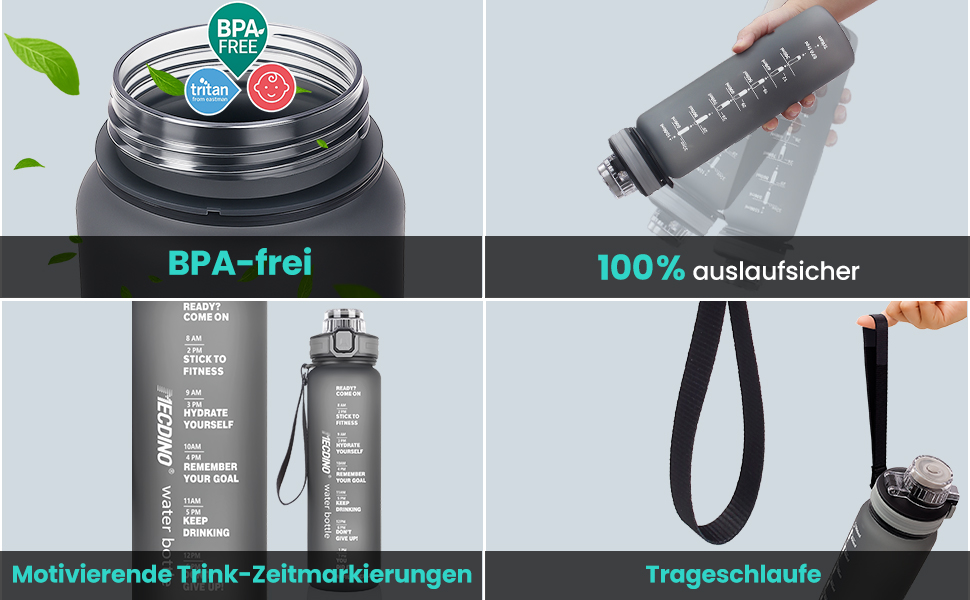 Спортивна пляшка для води 1л з 2-в-1 отвором | Трубочка та пряме пиття | Без BPA, Tritan, витокозахисна | Для спорту, фітнесу, роботи, велоспорту, піших прогулянок, подорожей