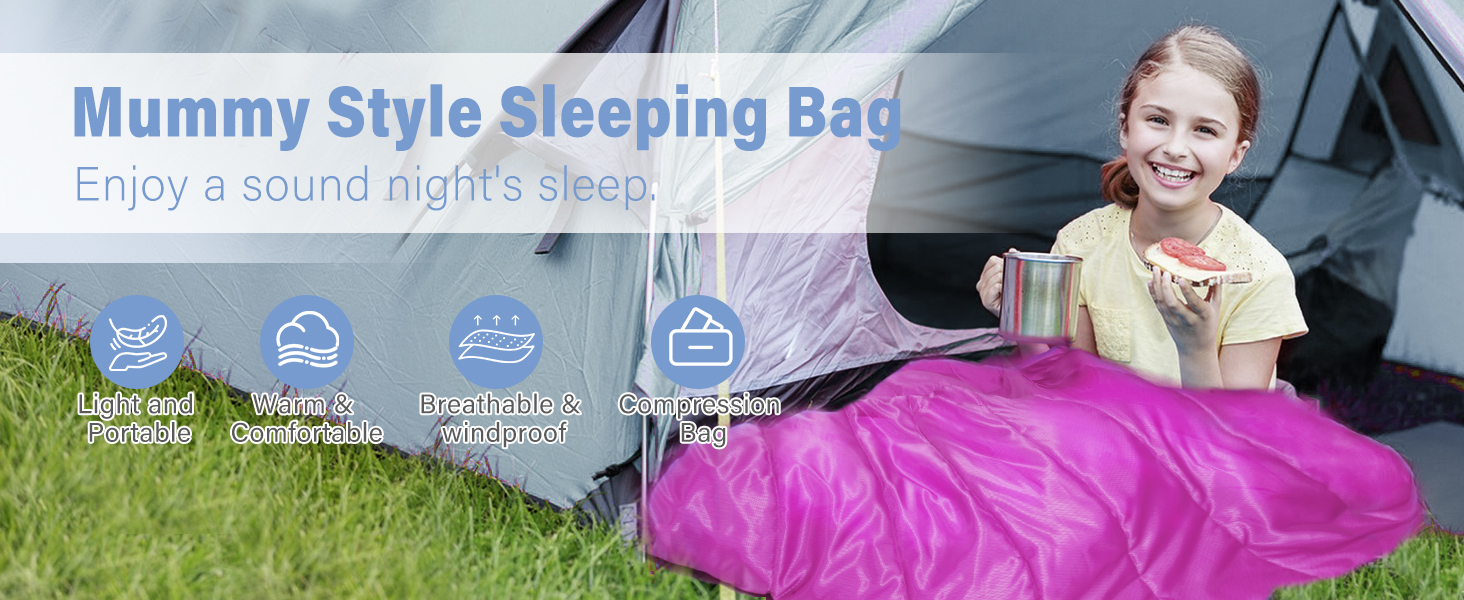 Сплячий мішок для дітей REDCAMP 175x65 см, рожевий. Теплий, зручний, регульований, для кемпінгу та відпочинку на природі. 3-сезонний