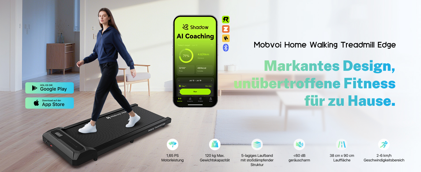 Walking Pad Edge: Компактний біговий тренажер для дому та офісу, 6 км/год, 120 кг, з пультом керування та підтримкою Zwift/Kinomap