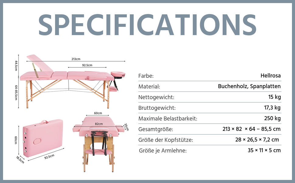 Зонний масажний стіл Yaheetech Портативна масажна лава з регульованим по висоті масажним столом з підголівником і знімними підлокітниками для фізіотерапії, (світло-рожевий), 3-