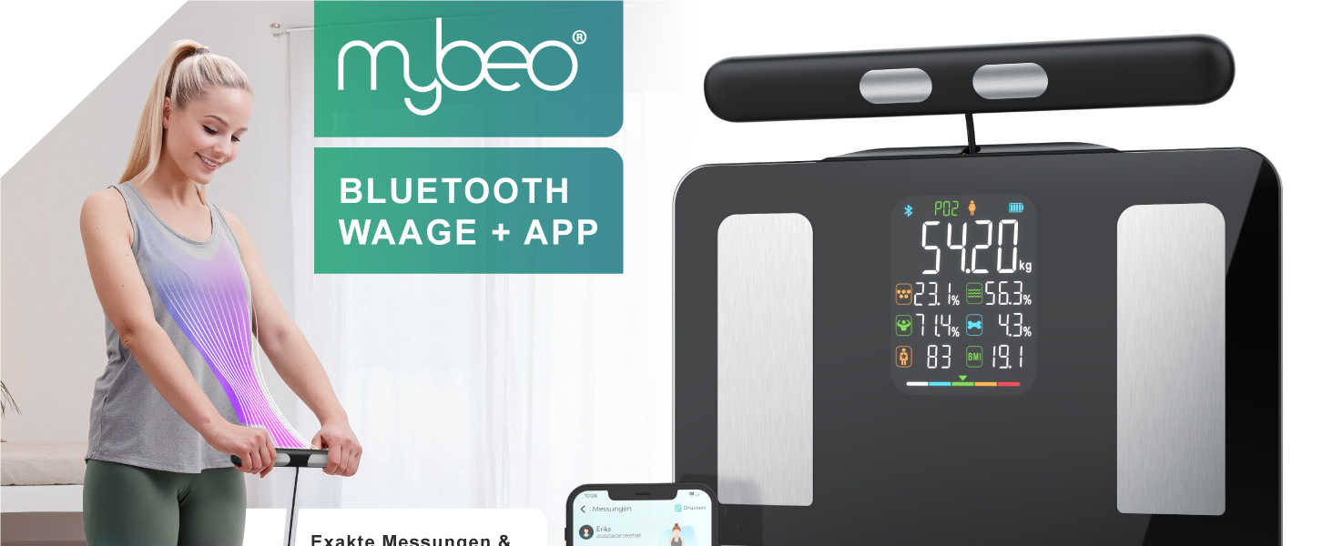 Вага Mybeo з датчиками для тіла: аналіз складу тіла, Bluetooth, цифрова вага, персональна вага, багатофункціональна вага, точні вимірювання, аналіз жиру