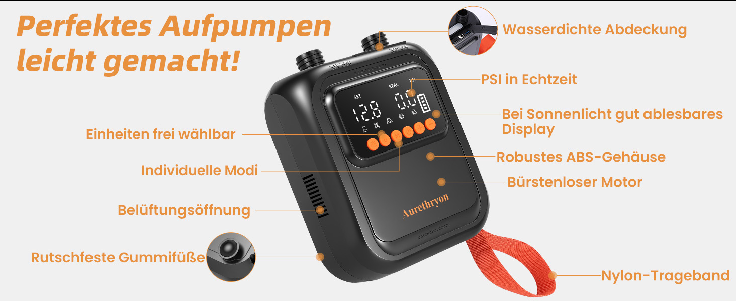 Електричний насос для SUP дошки з акумулятором та ліхтарем, 20 PSI, 12V/USB-C, 7 насадок, для SUP, човнів, матраців, басейнів