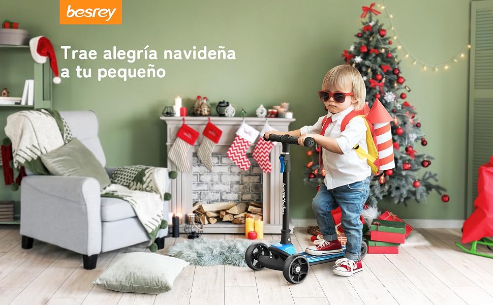 Дитячий самокат Besrey з великими колесами та LED-підсвіткою, складаний, регульована висота (4 рівні), синій, для дітей 3-8 років