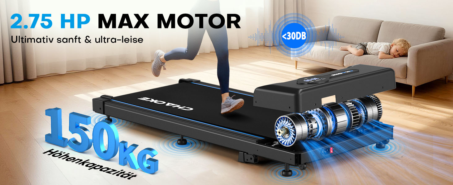 Ходунка CHAOKE з регулюванням нахилу 9%, біговий стіл для дому та офісу, потужний 2.75 PS мотор, до 150 кг, 12 HIIT-програм та пульт керування (чорний)