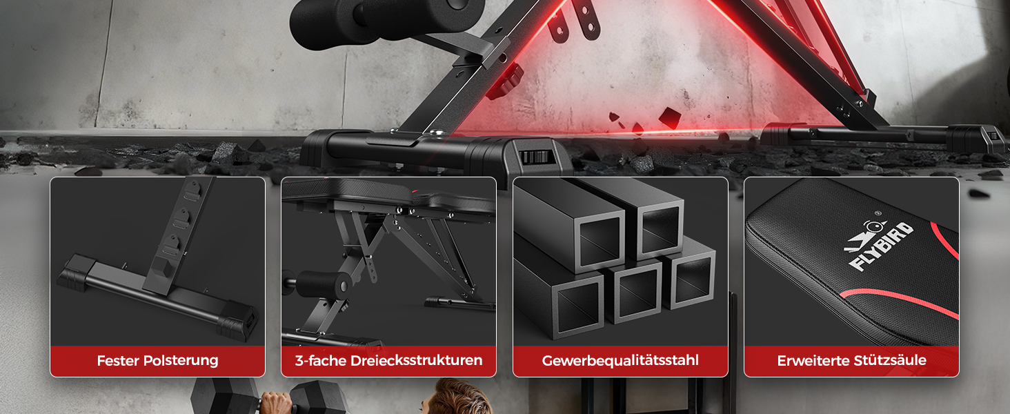 Регульована лавка для тренувань FLYBIRD з 8 положеннями спинки та 3 положеннями підніжки, вантажопідйомність до 318 кг, складана, чорно-червона