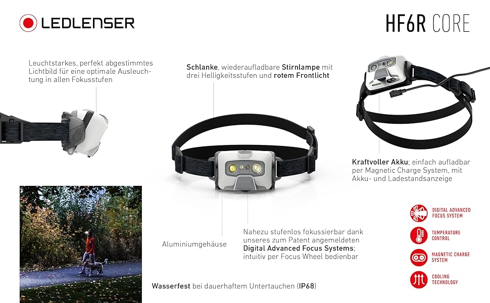 Ліхтар налобний LED Ledlenser HF6R Core 800 Lumen, водонепроникний IP68, з червоним світлом, для активного відпочинку