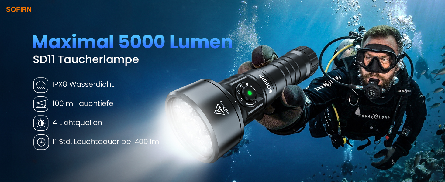 Ліхтарик підводний Sofirn SD11 5000LM CRI 90, USB-C, червоне світло 660нм, IPX8, для дайвінгу та фотографії