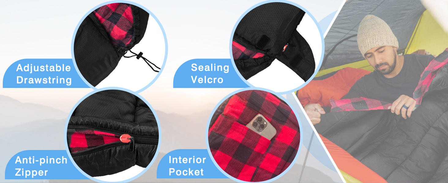 Спальний мішок XXL для дорослих, 3-4 сезони, фланель, кемпінг, зимовий, з сумкою, вологостійкий, теплий, 230x90 см (Чорний/Червоний, L-Zip)