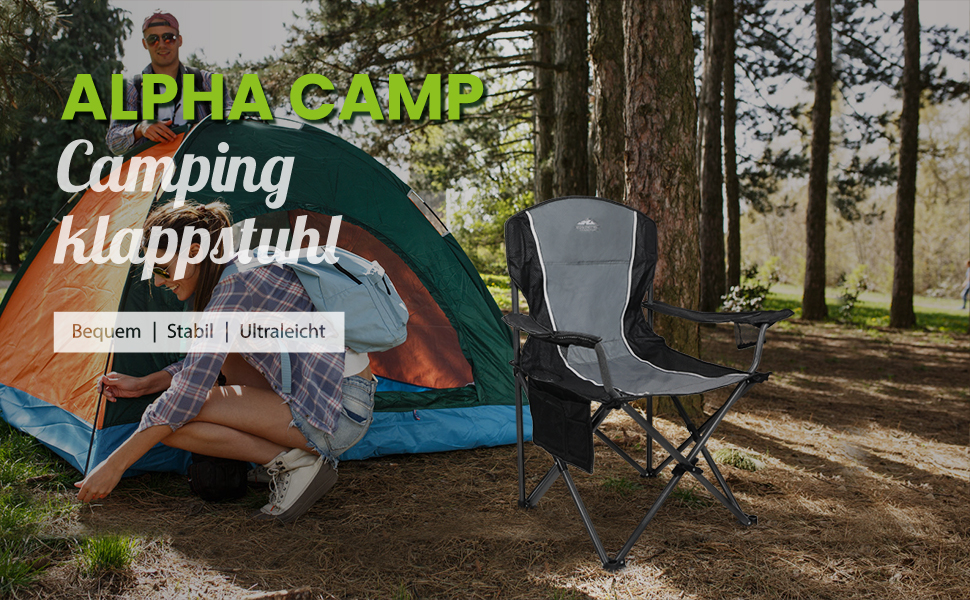 Крісло для кемпінгу Alpha Camp, складне, 160 кг, з підлокітниками та тримачем для напоїв, сталевий каркас, чорно-сіре