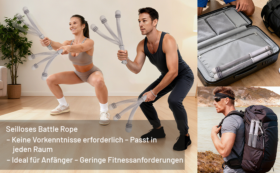 Бойова мотузка з навантаженням (без мотузки) - регульована бойова мотузка для дому, тиха мотузка без мотузки з силіконовими ручками для тренування всього тіла, спалювання жиру та силових тренувань (сіра)