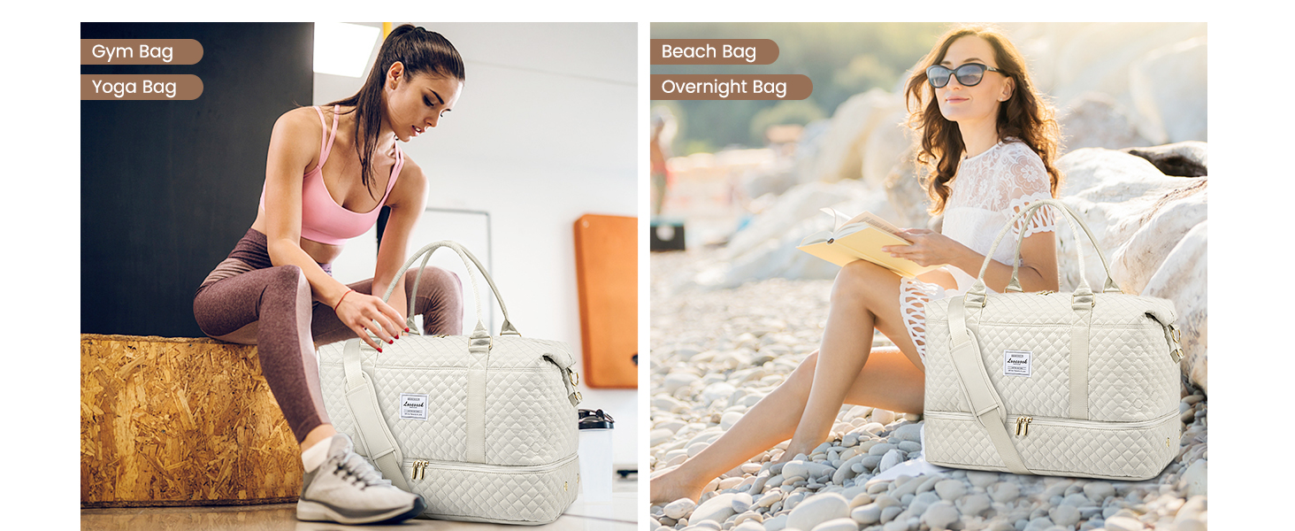 Спортивна сумка LOVEVOOK для жінок: велика дорожня сумка-мішок з косметичкою, відділенням для взуття та мокрих речей. Ідеальна для подорожей, клініки, пологів, вихідних. Водостійка сумка ручної поклажі для літака. 2 шт. Бежевий колір.