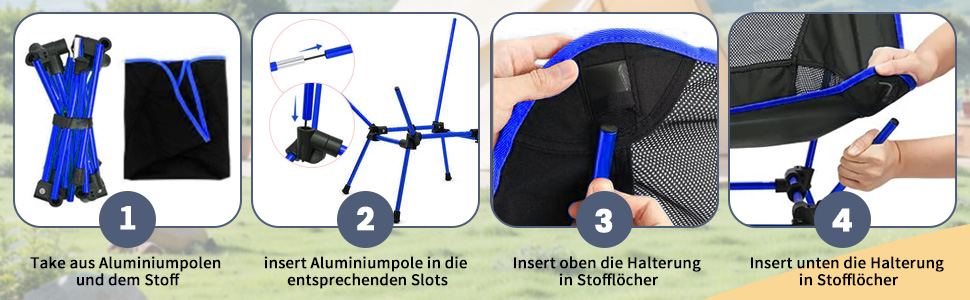 Складний туристичний стілець для кемпінгу з сіткою та кишенями, вантажопідйомність 150 кг, ультралегкий, для подорожей, пікніків, риболовлі (Оранжевий, Синьо-чорний)