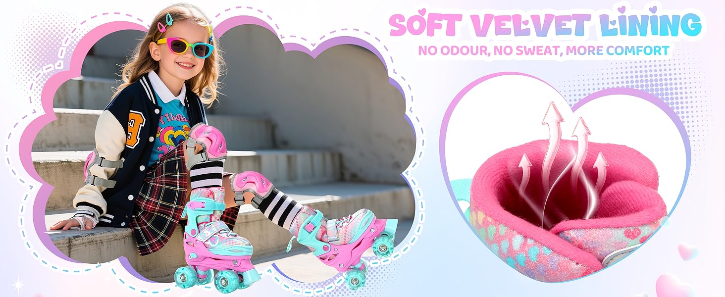 Дитячі ролики Sportneer з захистом, регульовані ролики з 8 світлими колесами, для дівчаток, дітей, підлітків, початківців, для занять в приміщенні та на вулиці, фіолетовий S (EU 30-33)