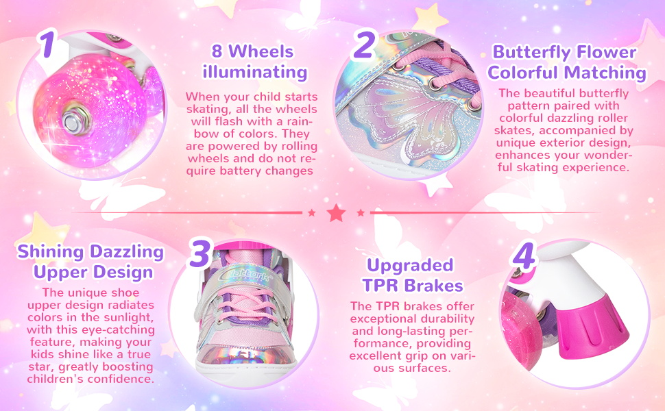 Дитячі ролики Nattork для дівчаток та хлопчиків, регульовані, 4 розміри, ролики на 4 колесах з малюнком метеликів та квітів, подарунок на день народження для занять спортом в приміщенні та на вулиці, розмір S (EU 27-31), фіолетовий