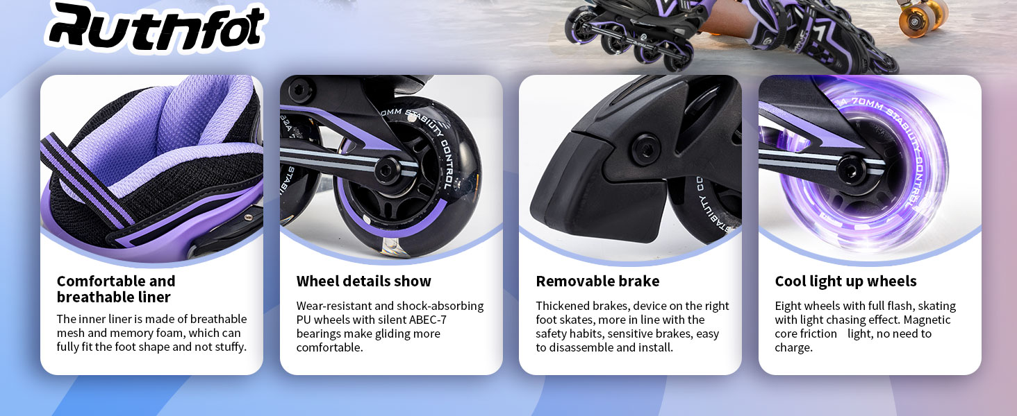 Регульовані ролики для дітей (хлопчики та дівчатка), світлові ролики, розмір L (37.5-41), фіолетовий