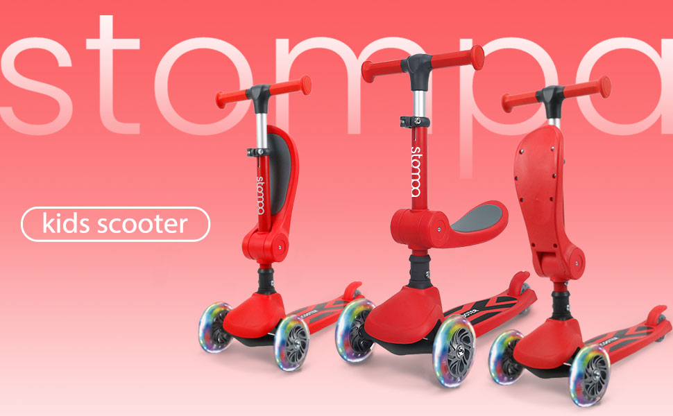 Дитячий самокат-триколісник 2 в 1 Stompa Roller для дітей від 2 років до 50 кг, з LED-колесами, складаним сидінням та регулюванням висоти (Червоний)