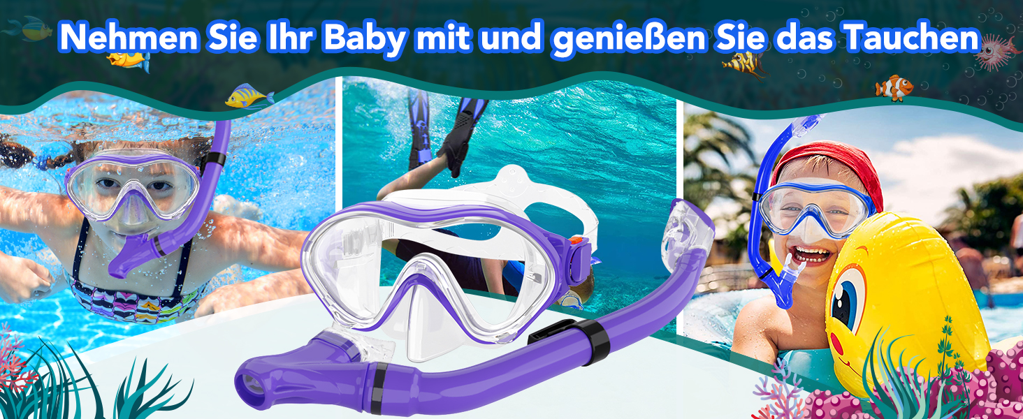 Набір для снорклінгу для дітей з ластами, маска з панорамним оглядом 180°, регульовані ласти, високоякісна маска та сухий снорклінг для плавання (фіолетовий)