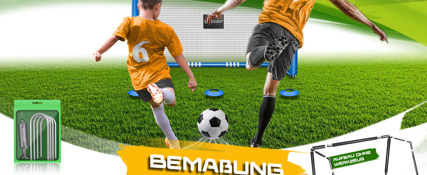 Ворота для футболу KESSER® для саду: міцні, для тренувань на вулиці, з UV-стійкою сіткою, сталевий каркас з покриттям, земляні кілки, насос, фішки, аксесуари для монтажу (240см, антрацит)