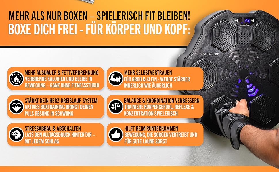 Музична бокс-машина VALENESS® – Smart бокс з музикою та LED, бокс-автомат для стіни, комплект з боксерськими рукавичками. Ідеальне тренування боксу вдома для дітей та дорослих (ручна музична бокс-машина)