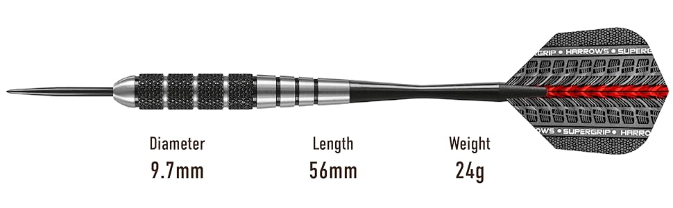 Дарти Harrows Black Jack 24г: професійний набір з металевими наконечниками, Speedline-шафтами, Supergrip-флайтами та кейсом