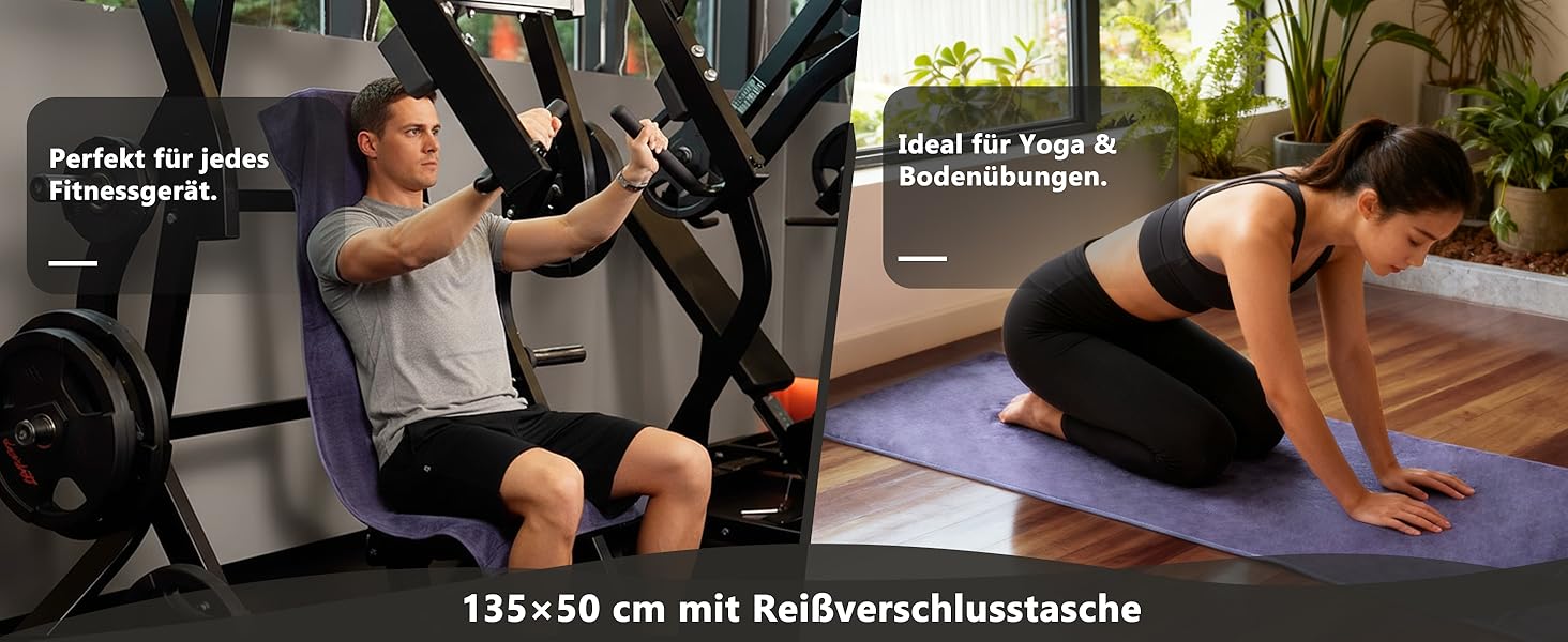 Набір рушників для фітнесу - великий 135×50 см з кишенею на блискавці & спортивний рушник 100×30 см - з високоякісної мікрофібри, швидковисихаючий та м'який - з мішком для зберігання - для спортзалу, тренувань, йоги, фітнесу. Глибокий фіолетовий колір