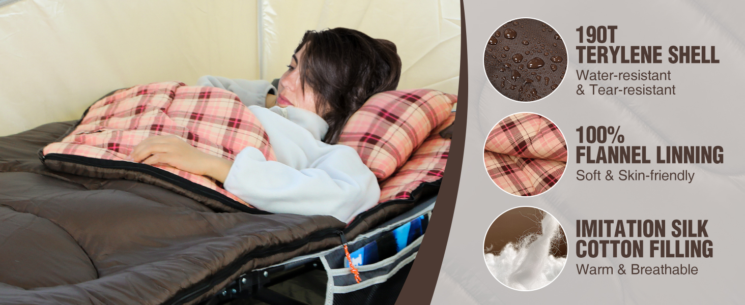 Спальний мішок REDCAMP XL з бавовни, теплий, з капюшоном, фланелевий, компактний, 3-4 сезони, для дорослих та дітей, для кемпінгу, риболовлі, зимовий, коричневий, 2lbs наповнювач