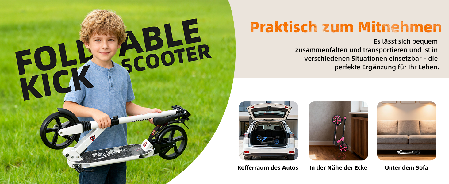 Міський трюковий ролер FREEDARE Cityroller для дітей та дорослих, складний, колеса 200 мм, регулювання висоти, до 100 кг, білий