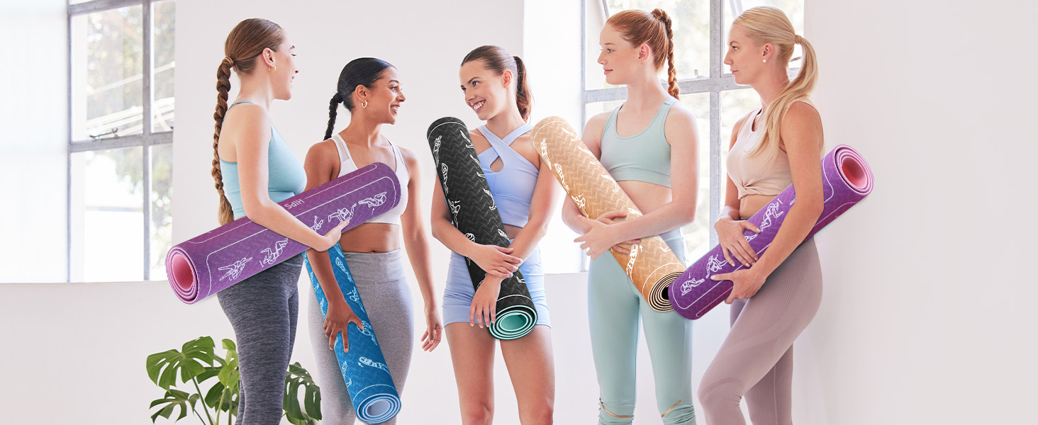 Килимок для йоги Sportmatte – 70 з друкованими позами йоги, неслизький матеріал TPE, для гімнастики, пілатесу, дому та подорожей, фітнес килимок для жінок та чоловіків, 181x63x0,6 см, рожевий та фіолетовий