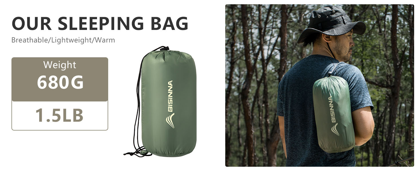 Спальний мішок BISINNA літній, ультралегкий (190x75 см), 680 г, тихий, компактний (27x15 см) для кемпінгу, фестивалів, гостей