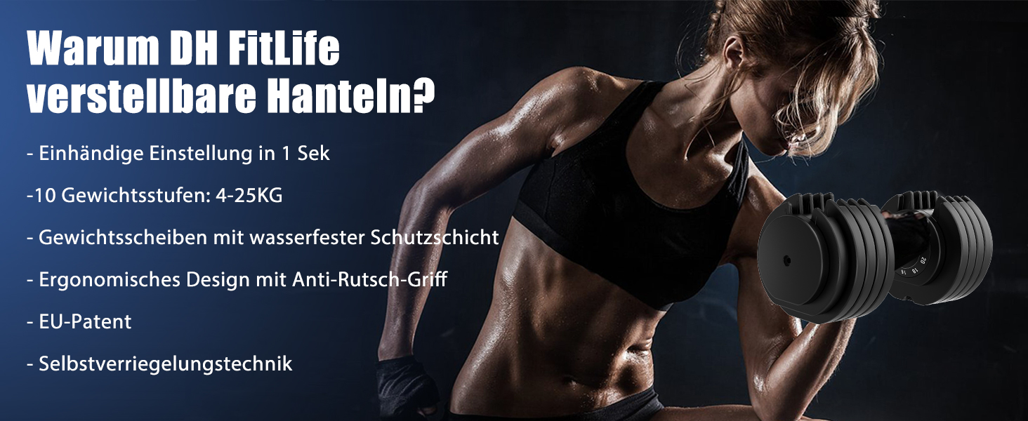DH FitLife: Регульовані гантелі 25 кг (4-25 кг) з 10 рівнями ваги, комплект гантелей для дому та фітнесу