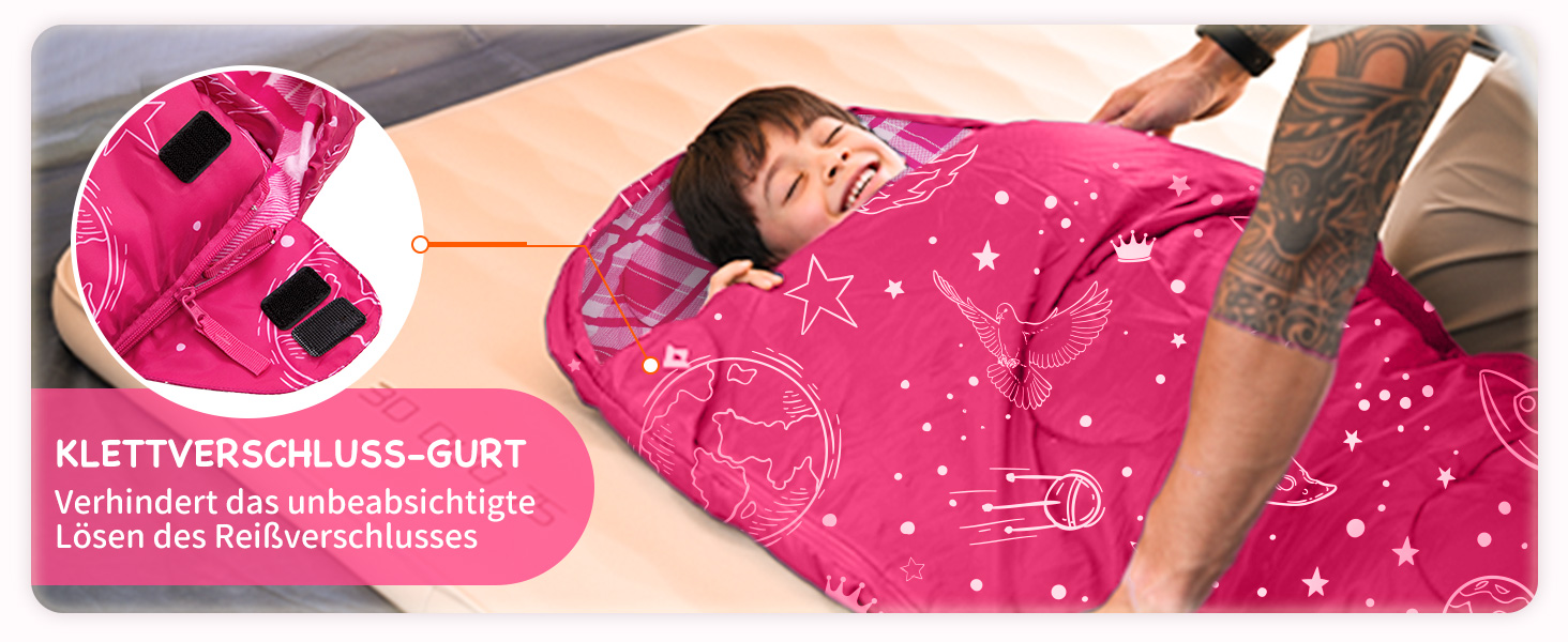 Спальний мішок KingCamp для дітей, фланелевий, легкий, водонепроникний, компактний, зимовий, 4 сезони, для кемпінгу, підходить для дітей до 140 см, комфортна температура: 7°C, рожевий, регульована довжина