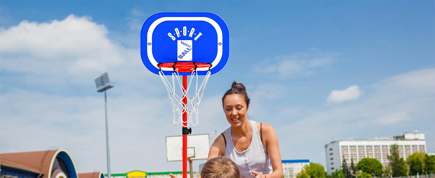 Баскетбольний кошик зі стійкою, набір, 110-190 см, регульована висота, ігровий набір для дітей (синьо-червоний)
